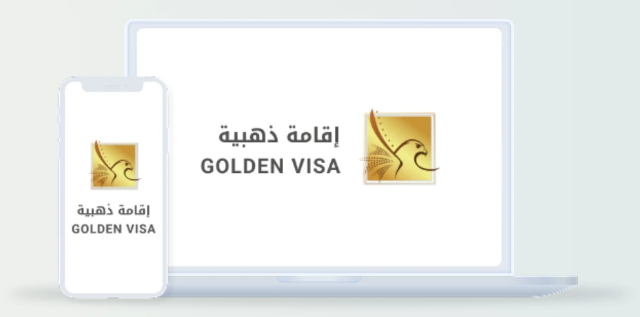 Laptop and smartphone displaying Golden Visa services in English and Arabic